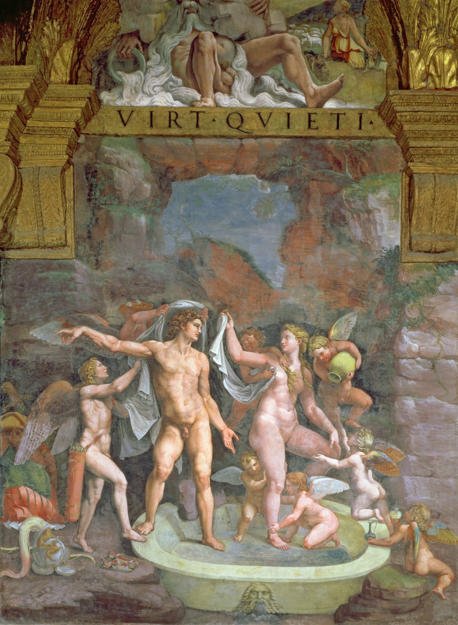Kąpiel Marsa i Wenus, wspomagana przez Kupidyna i Putti z Sali Kupidyna i Psyche, 1528 autorstwa Giulio Romano