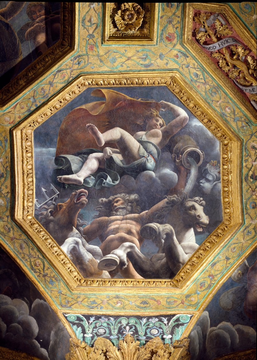 Neptun i nimfa wodna, keson stropowy z Sali Kupidyna i Psyche, 1528 (olej na stiuku) autorstwa Giulio Romano