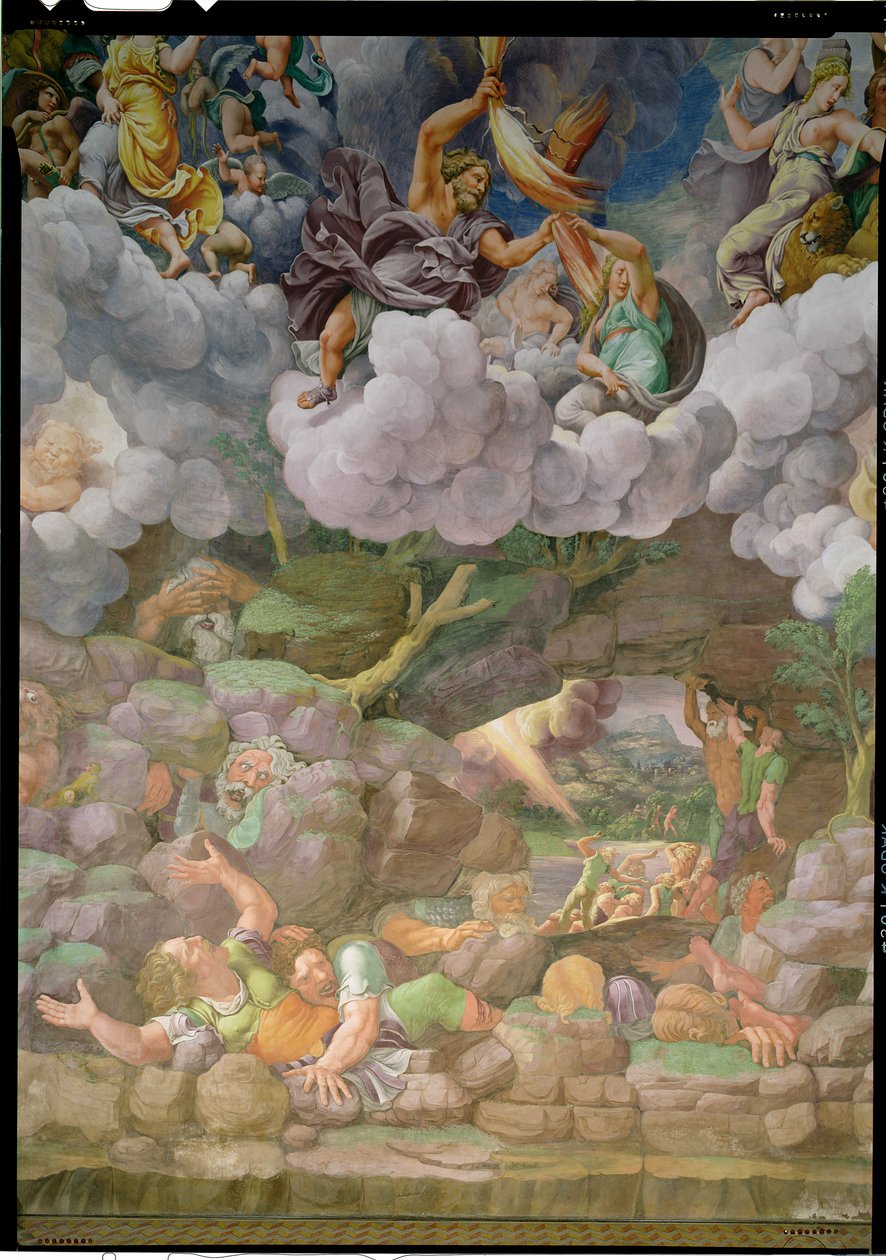 Olimp i Zeus niszczą zbuntowanych olbrzymów, fragment jednej ze ścian Sala dei Giganti, 1530-32 autorstwa Giulio Romano