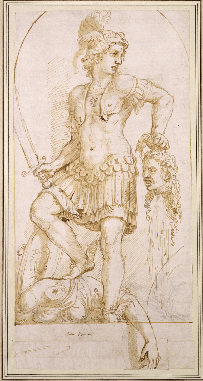 Perseusz, ok. 1540 (długopis i brązowy ołówek z czarną kredą na białym papierze) autorstwa Giulio Romano