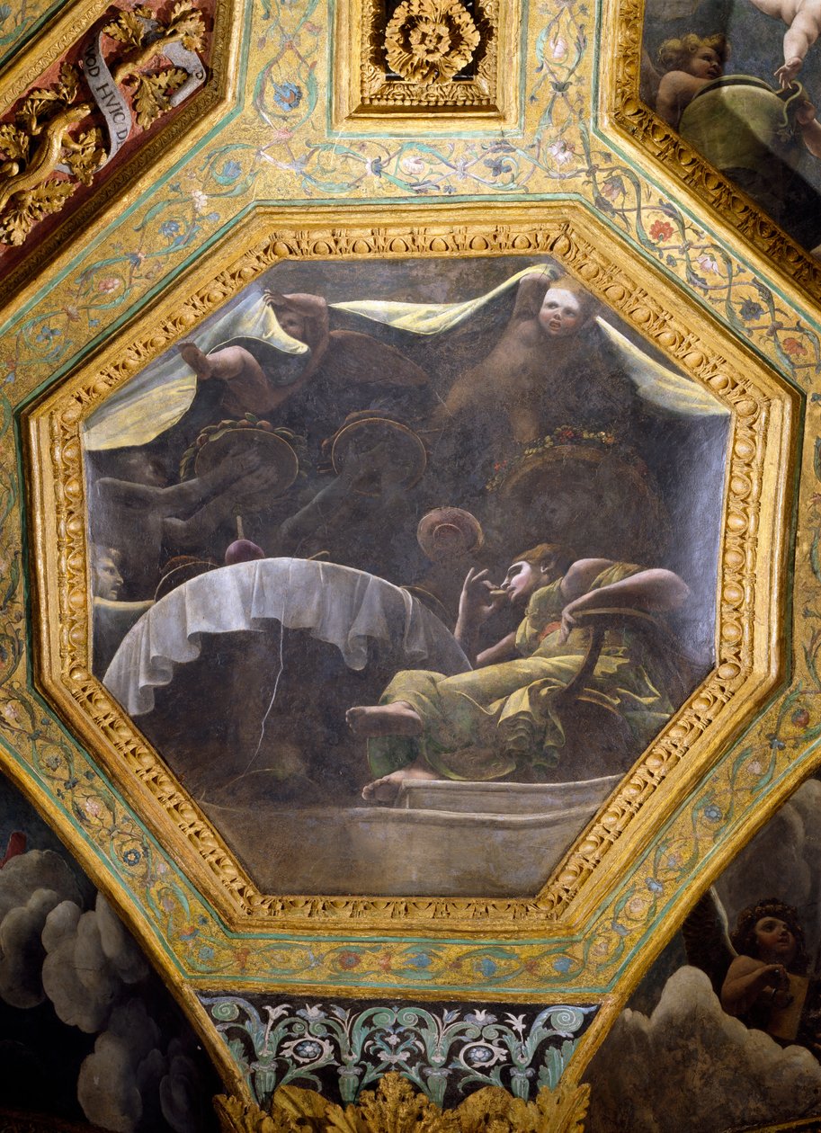 Psyche jedzenie w domu Kupidyna, kaseton sufitowy z Sala di Amore e Psyche, 1528 (olej na stiuku) autorstwa Giulio Romano