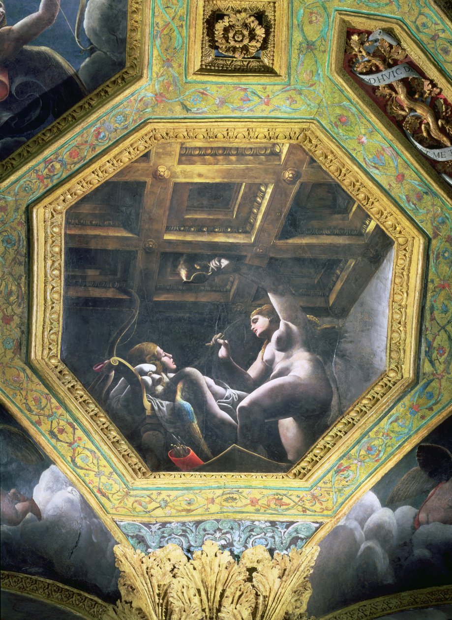 Psyche widzi Kupidyna podczas snu, kaseton sufitowy z Sala di Amore e Psiche, 1528 (olej na stiuku) autorstwa Giulio Romano
