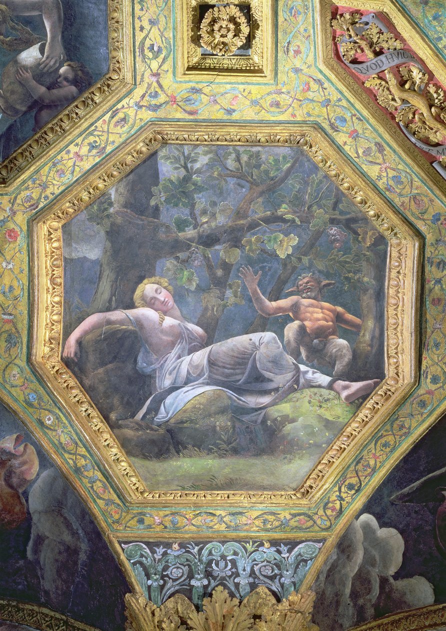 Psyche śpiąca w dolinie Kupidyna, keson sufitowy z Sala Miłości i Psów, 1528 (olej na stiuku) autorstwa Giulio Romano