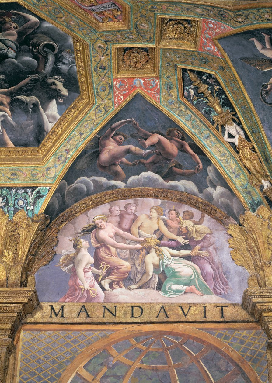 Psyche, przechodząca jedną z gehenny postawionych przez Wenus, luneta z Sala di Amore e Psiche, 1528 (olej na stiuku) autorstwa Giulio Romano