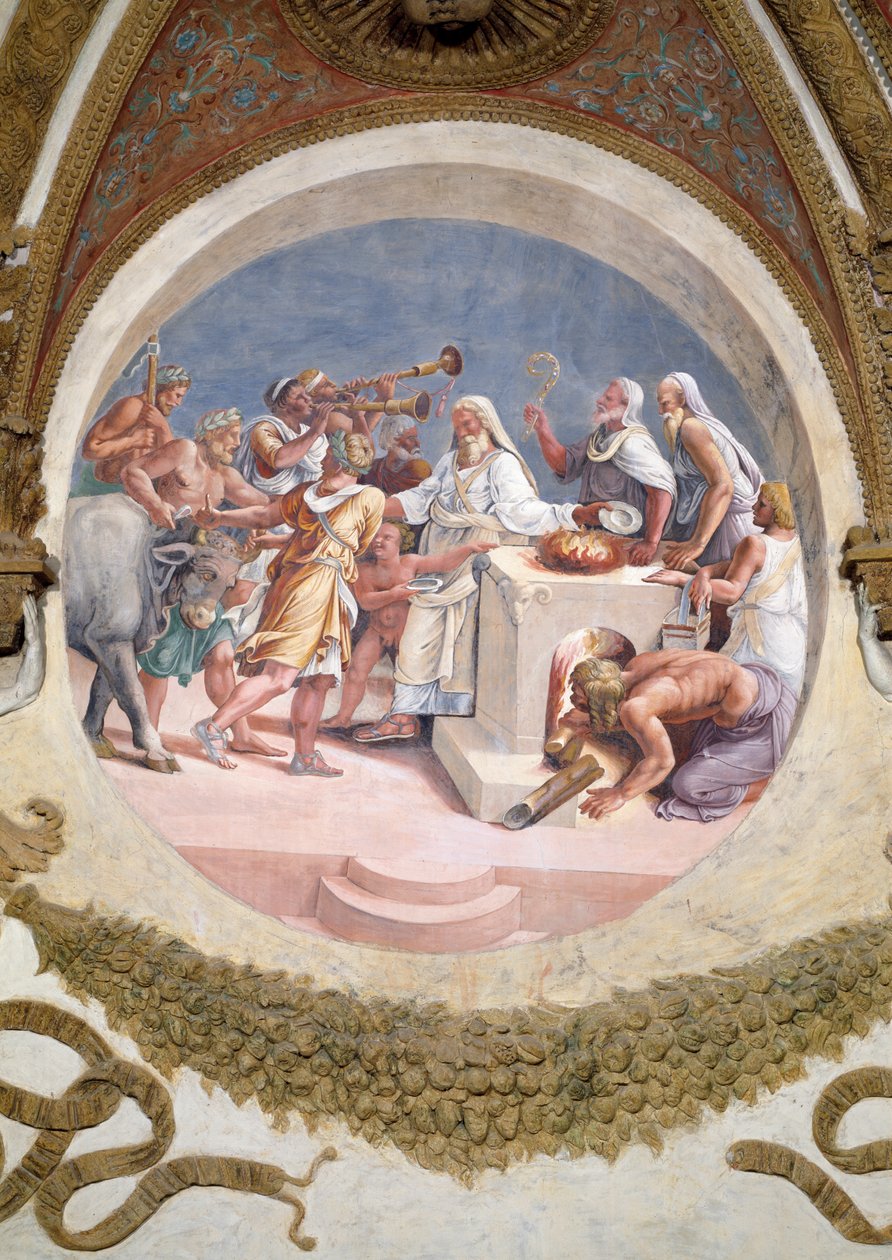 Ofiarowanie wołu, z Camera dei Venti, 1528 r. autorstwa Giulio Romano