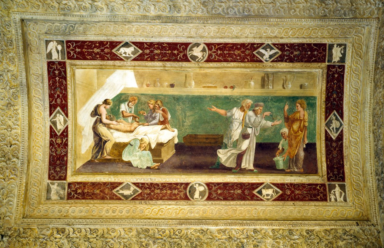 Scena lekarza opiekującego się chorym, malowidło sufitowe z Giardino Segreto autorstwa Giulio Romano