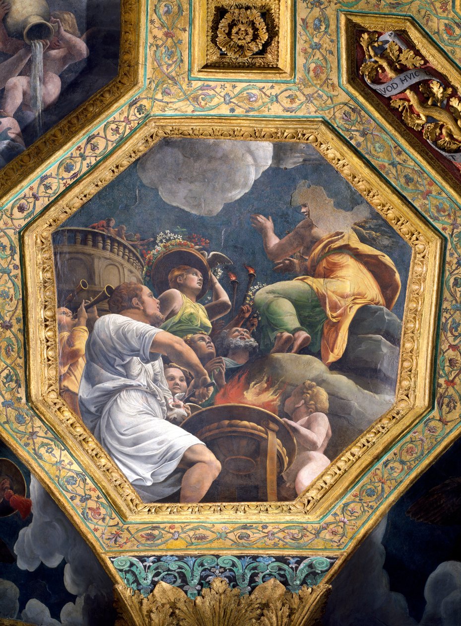 Scena złożenia gołębicy, keson sufitowy z Sala di Amore e Psiche, 1528 (olej na stiuku) autorstwa Giulio Romano