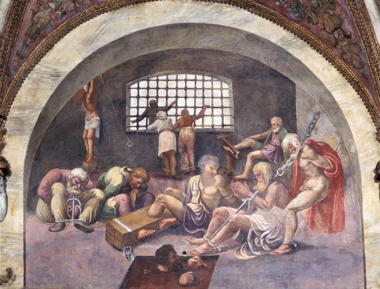 Scena pokazująca, że osoby urodzone pod znakiem Strzelca w połączeniu z zachodzącym gwiazdozbiorem Arktura zostaną doprowadzone do popełnienia ciężkich zbrodni, symbolizowanych przez zakutych w kajdany więźniów, z Cam autorstwa Giulio Romano