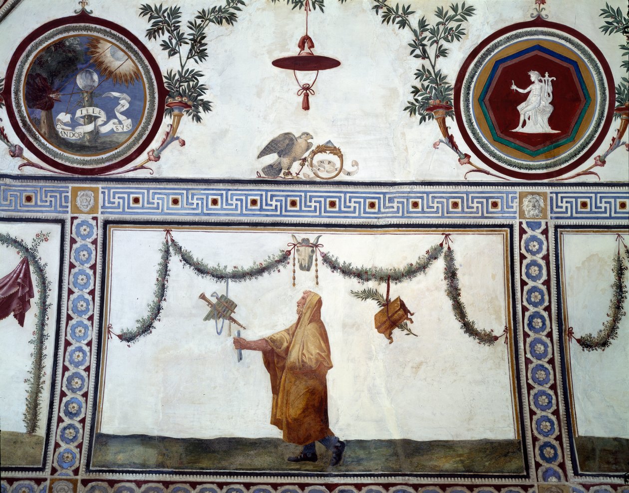 Camera con Fregio di Amorini Komnata Kupidyna Fryz detal sufitu przedstawiający ubranego mężczyznę i insygnia rodu Medyceuszy, fresk z 1520 r. autorstwa Giulio Romano