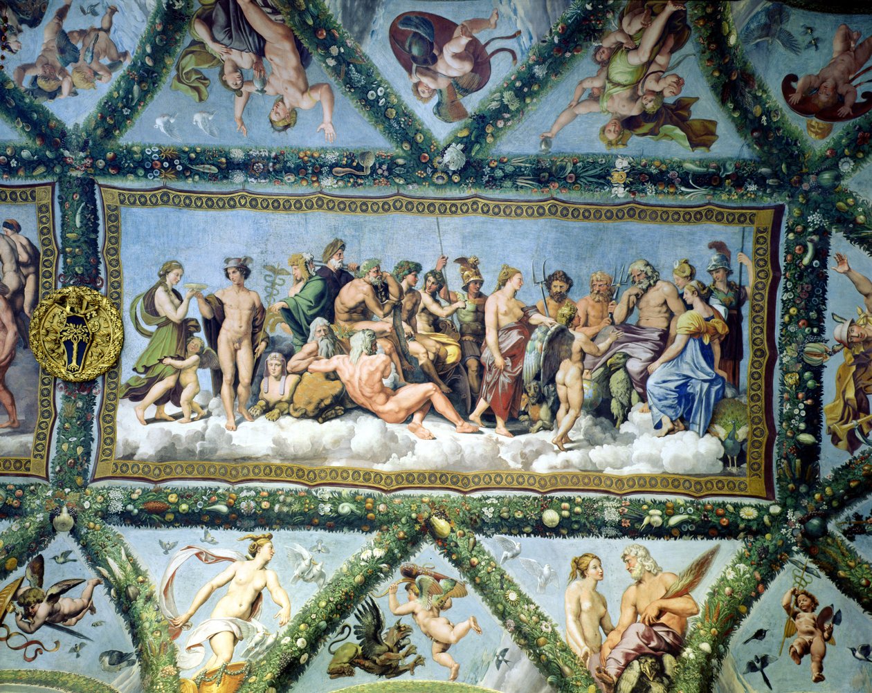 Sobór Bogów, dekoracja stropu z „Logii Kupidyna i Psyche”, 1510-17 autorstwa Giulio Romano