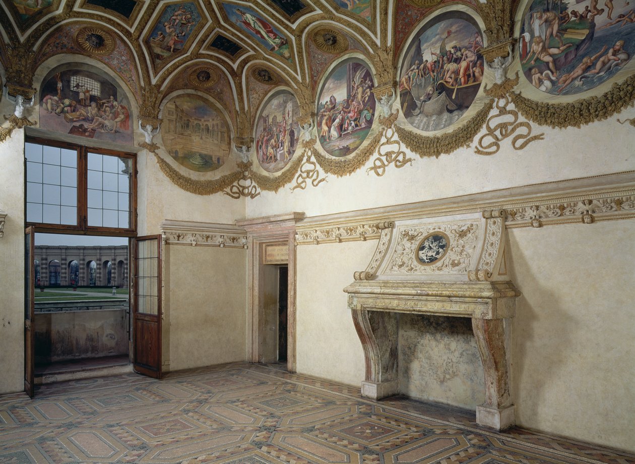 Widok Camera dei Venti, ukazujący stiukowy kominek i fryz z rondami zodiaku powyżej, 1528 autorstwa Giulio Romano