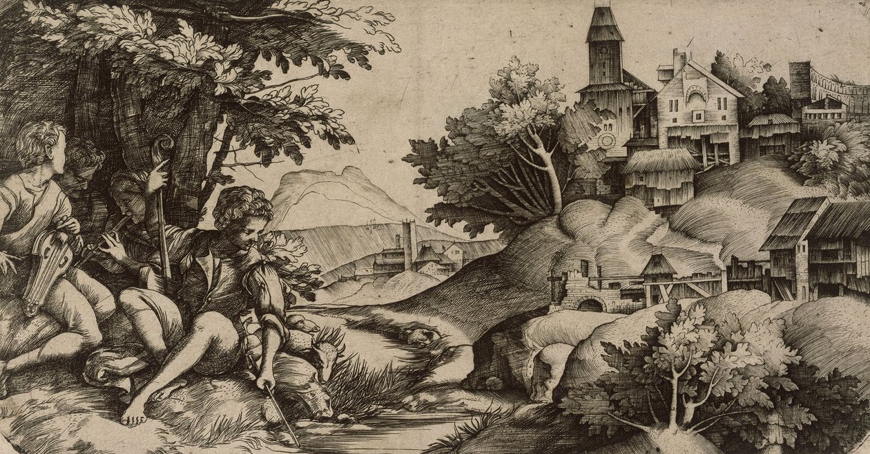 Koncert nad potokiem autorstwa Domenico Campagnola