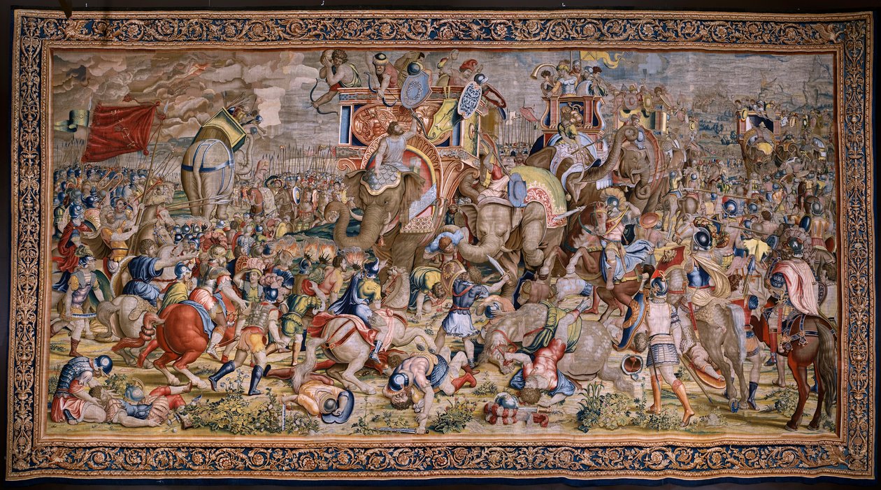 Flamandzki gobelin. Seria Dzieje Scypiona: Bitwa pod Zamą. Rysownik Giulio Romano. Atelier Balthasara van Vlierdena (?), Bruksela. 1523-1532. autorstwa Giulio (after) Romano