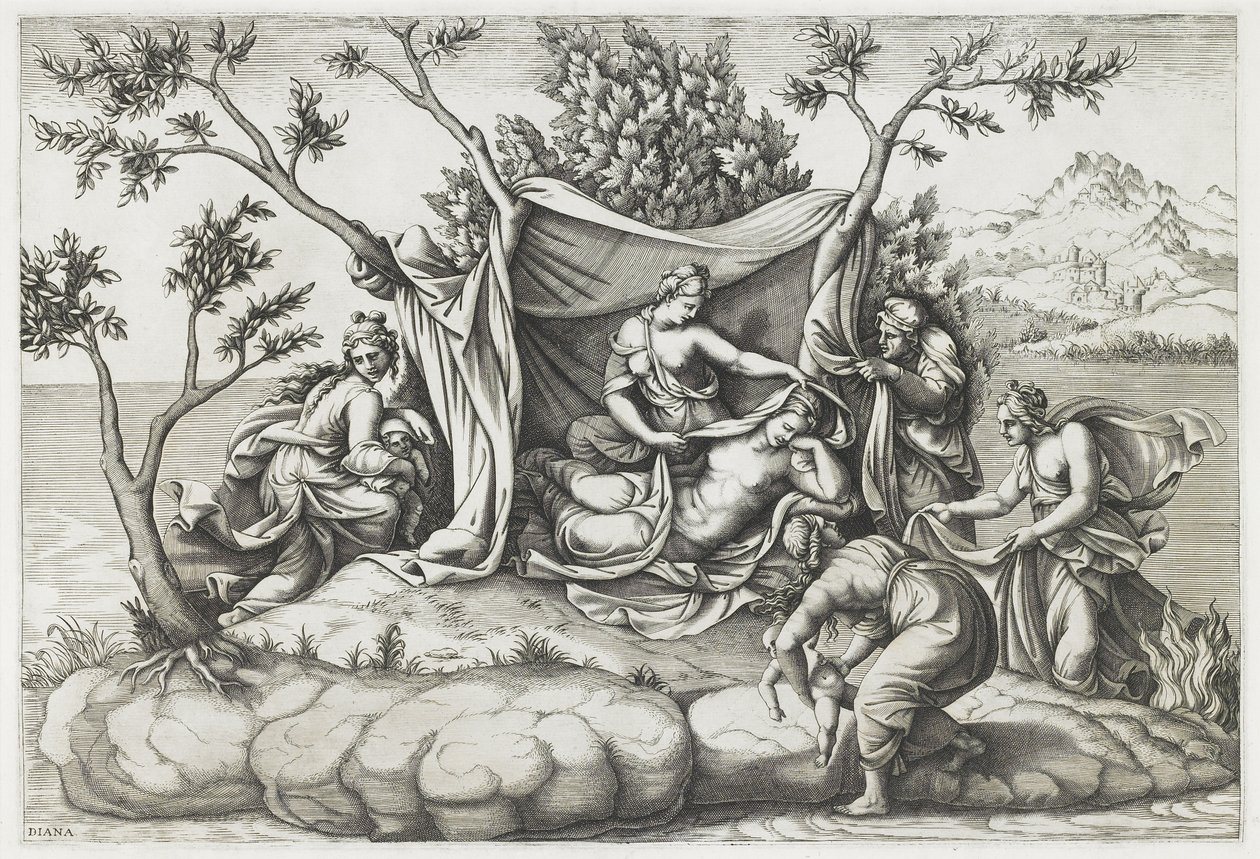 Latona Narodziny Apolla i Diany, sztych. Diana Mantovana (ur. 1535), po 1575 (rycina) autorstwa Giulio (after) Romano