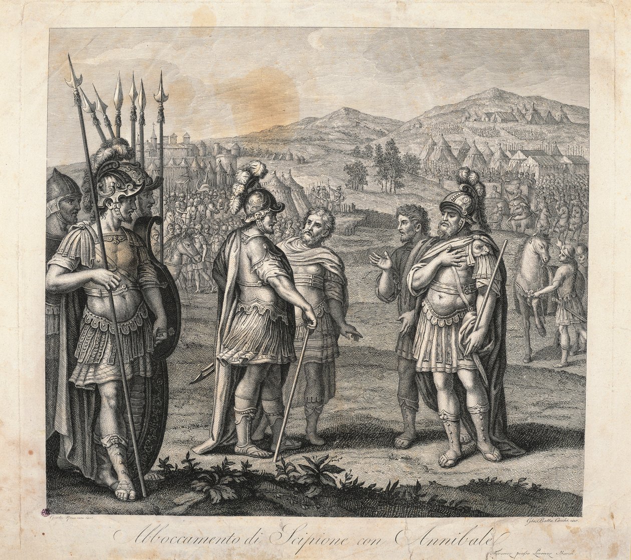 Spotkanie Hannibala i Scypiona podczas wojen punickich (akwaforta) autorstwa Giulio (after) Romano