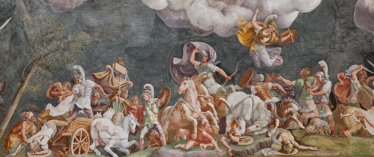 Bitwa, detal, Koń trojański, Komnata Trojańska (Sala di Troia) autorstwa Giulio (and workshop) Romano