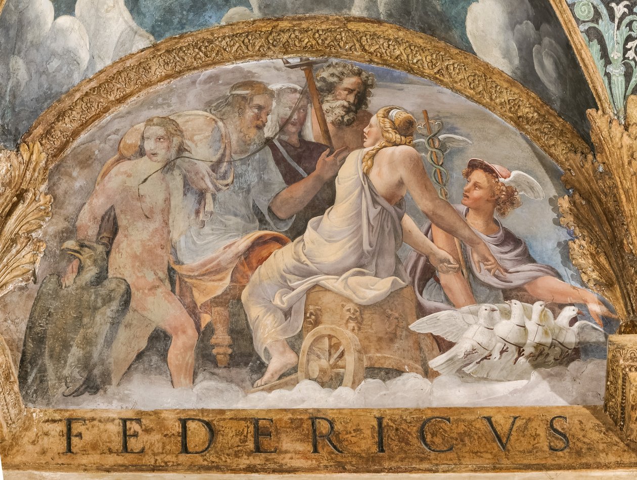 Detal skarbca: luneta przedstawiająca Wenus, która uzyskuje dostępność Merkurego od Zeusa, Komnaty Kupidyna i Psyche (Sala di Amore e Psyche) autorstwa Giulio (and workshop) Romano