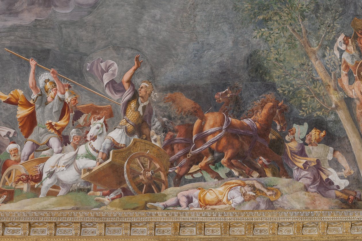 Detal przedstawiający bitwę, Koń Trojański, Komnata Troi (Sala di Troia) autorstwa Giulio (and workshop) Romano