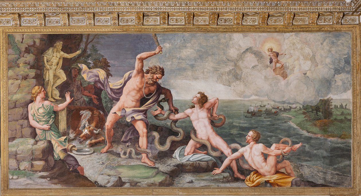 Laokoon i jego synowie zaatakowani przez węże, Koń Trojański, Izba Troi (Sala di Troia) autorstwa Giulio (and workshop) Romano