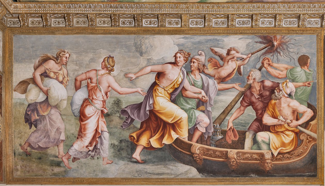 Porwanie Heleny, Koń Trojański, Izba Troi (Sala di Troia) autorstwa Giulio (and workshop) Romano