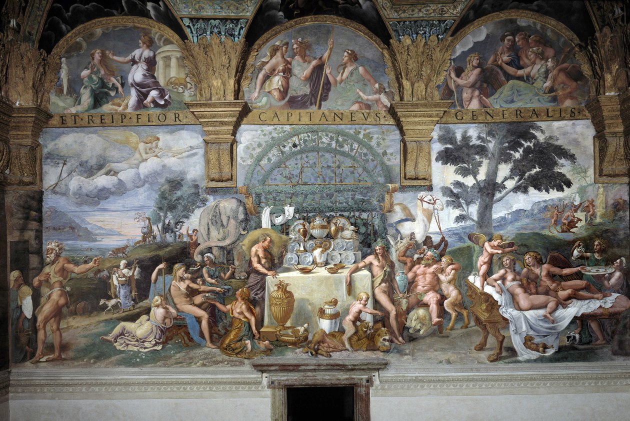 Uczta szlachecka z okazji zaślubin Kupidyna i Psyche, południowa ściana Sali Kupidyna i Psyche, ok. 1527-31 (fresk) autorstwa Giulio (and workshop) Romano