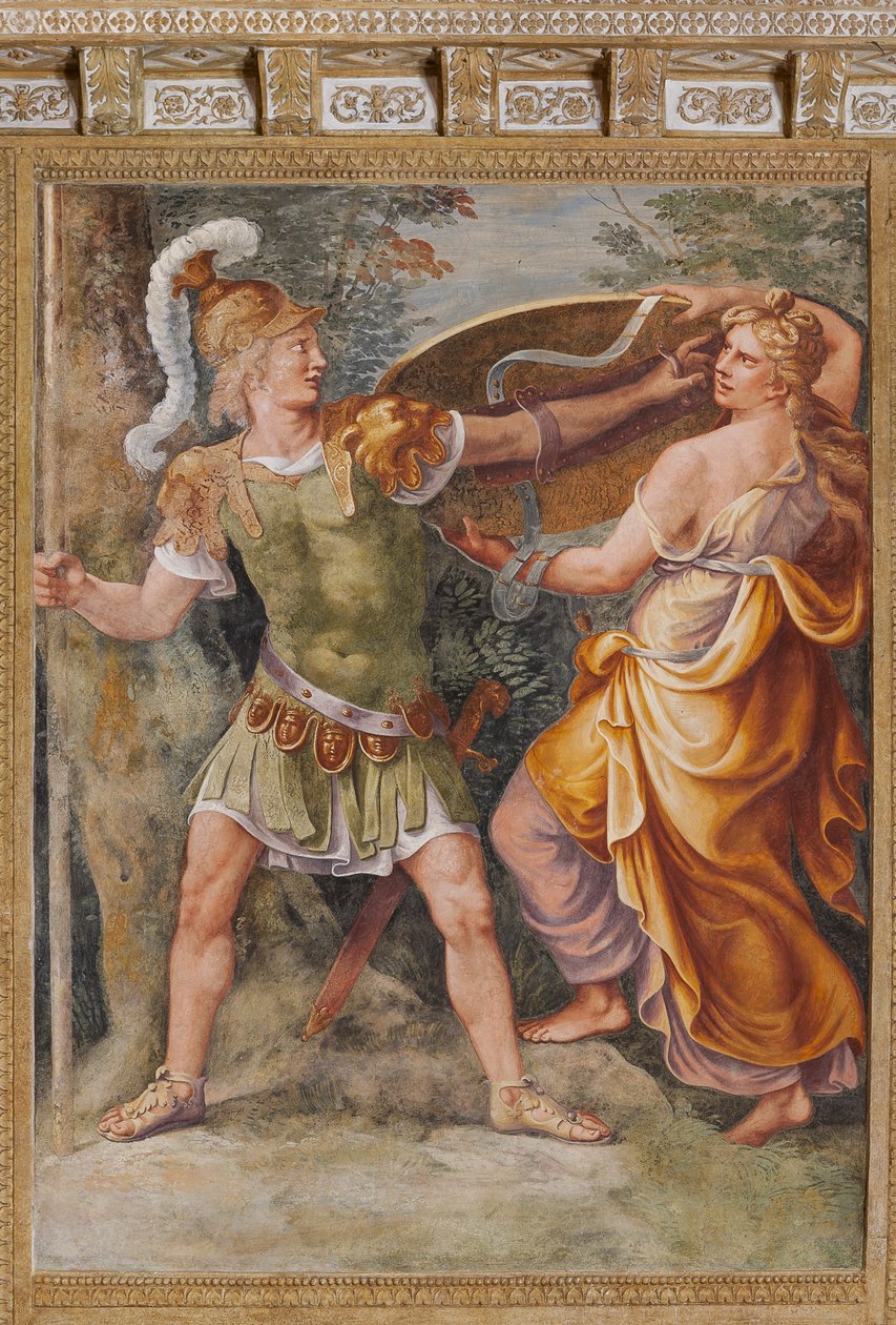 Tetyda wręcza Achillesowi broń wykutą przez Hefajstosa (Wulkan), Konia Trojańskiego, Komnatę Troi (Sala di Troia) autorstwa Giulio (and workshop) Romano