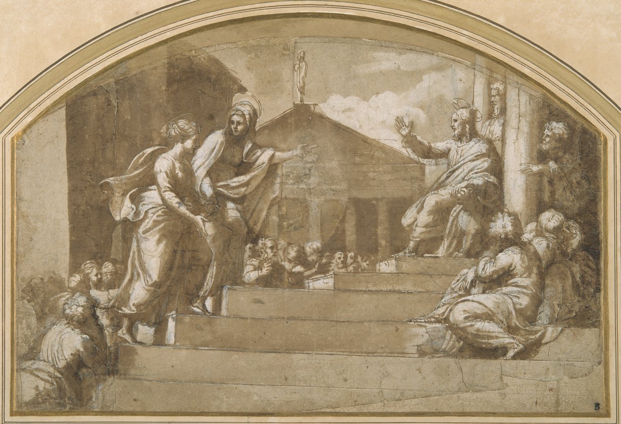 Martha przynosząc Marię Magdalenę do Chrystusa (pióro i atrament na papierze) autorstwa Giulio (attr. to) Romano