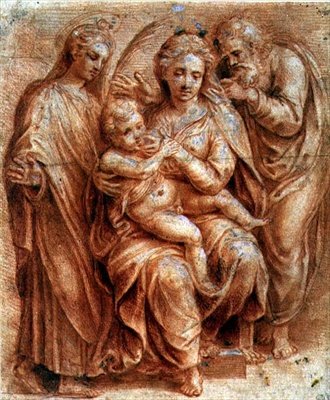 Święta Rodzina z Dziewicą Męczennicą (czerwona kreda podwyższona białą) autorstwa Giulio (circle of) Romano