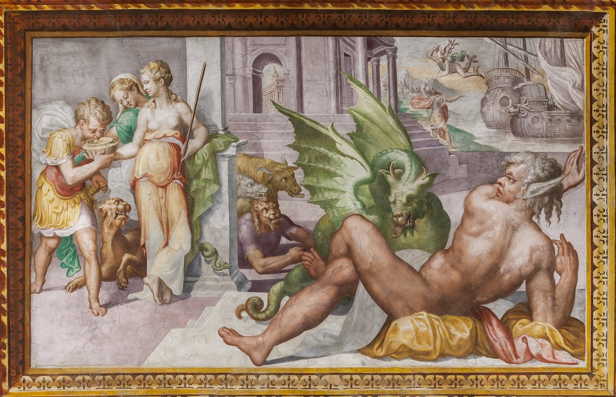 Circe zamieniający się w potwory towarzyszy Ulissesa, z Hall of Circe, Rocca dei Rossi, San Secondo, Parma, Włochy autorstwa Giulio (school of) (attr.to) Romano
