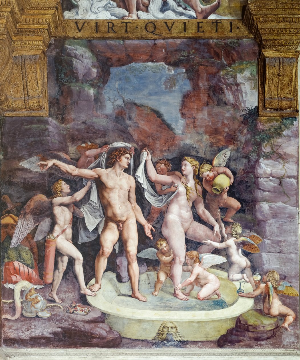 Pokój Psiche, północna ściana: kąpiele Wenus i Marsa; Eros i niektóre amorki uczęszczają na kąpiel bogini (fresk) autorstwa Giulio (workshop of) Romano