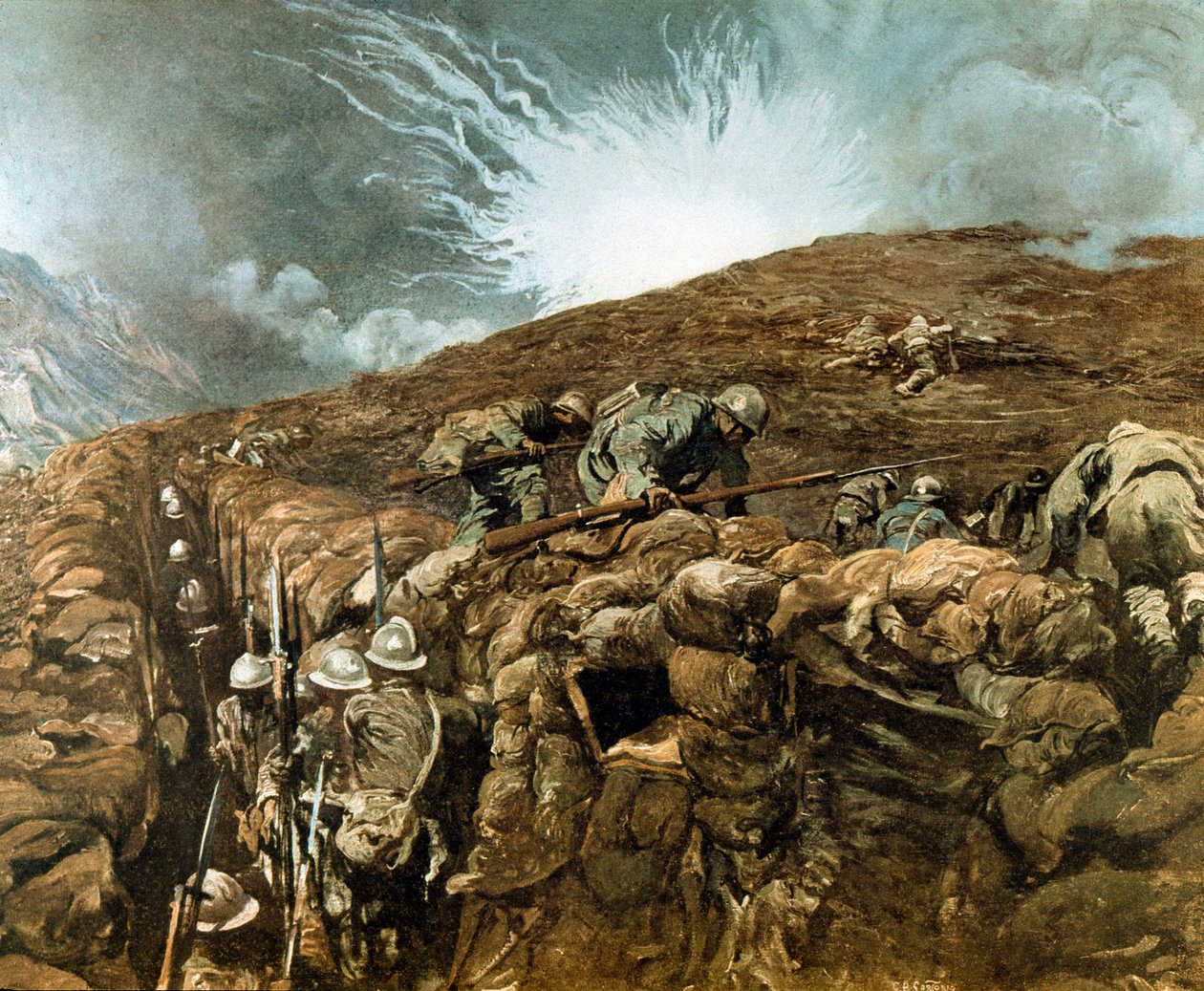 I wojna światowa: okopy pod Gorizią, kampania włoska wokół rzeki Isonzo, wrzesień 1917 (obraz) autorstwa Giulio Aristide Sartorio