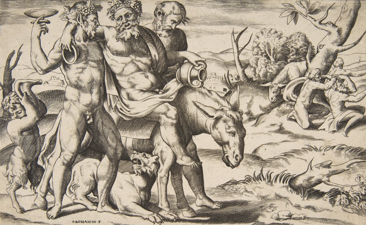 Pijany Silenus na ośle wspieranym przez satyrów, 1531-76. autorstwa Giulio Bonasone
