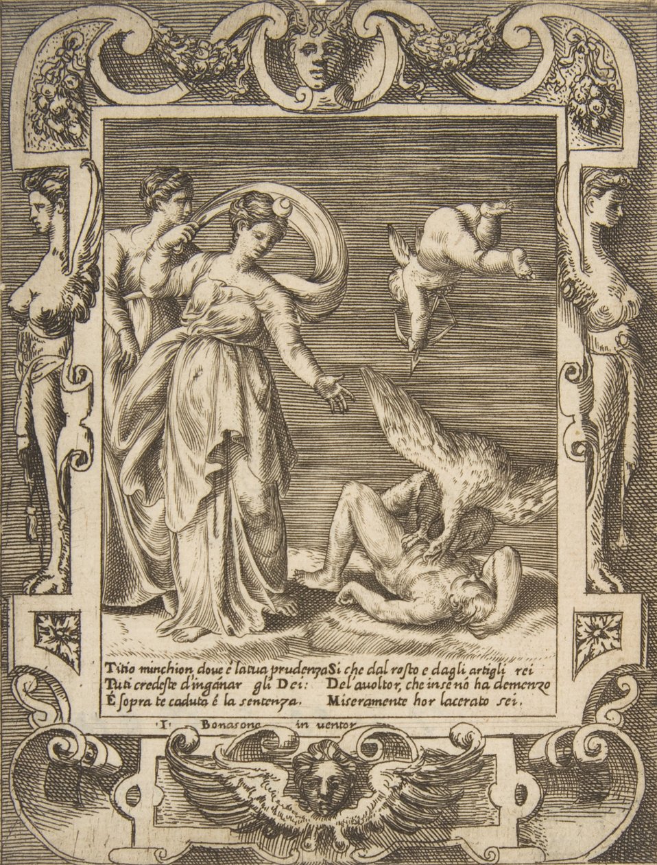 Sęp pożerający wnętrzności Tycjusza, Kupidyn nad dwiema kobietami po lewej, osadzony w..., 1531-76. autorstwa Giulio Bonasone