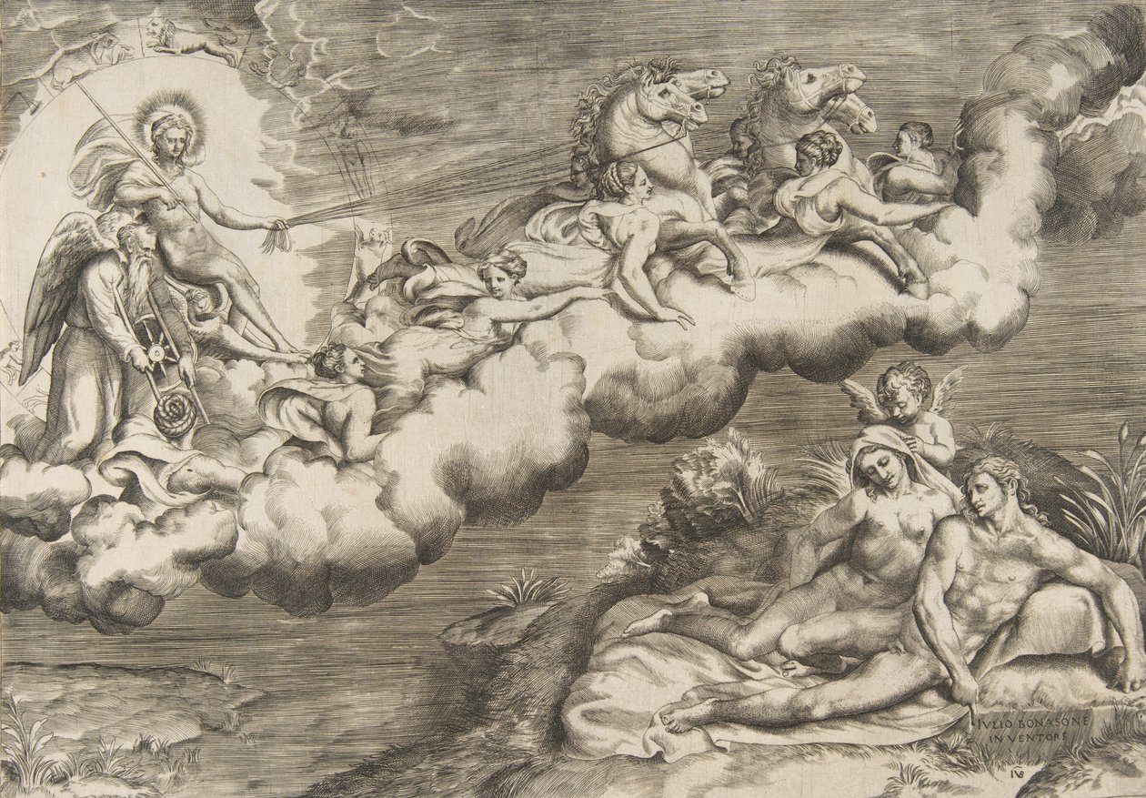 Alegoria wschodzącego słońca, nagi mężczyzna w całunie towarzyszący Ojcu Czasowi..., 1531-76. autorstwa Giulio Bonasone