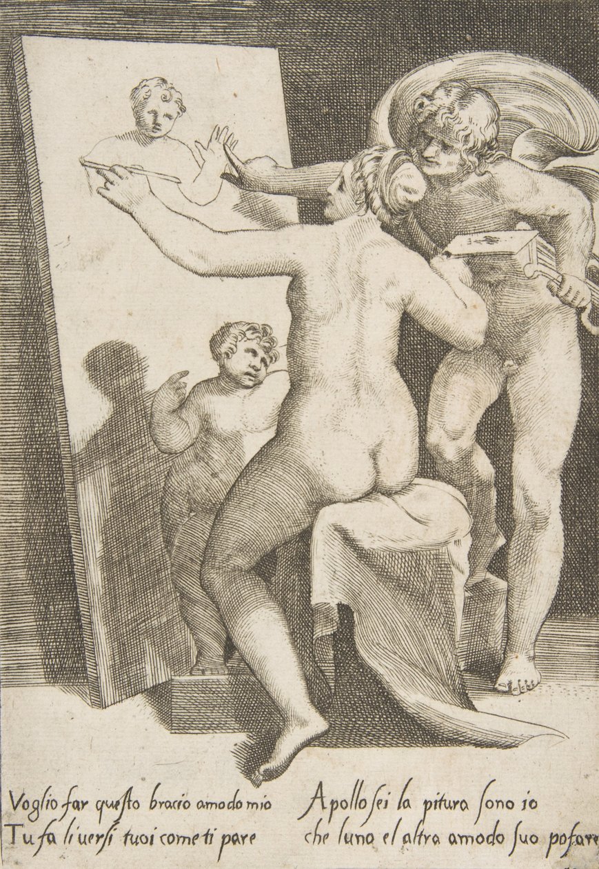 Apollo stojący obok kobiety przedstawiającej alegorię malarstwa, z „Miłości…, 1531-60. autorstwa Giulio Bonasone