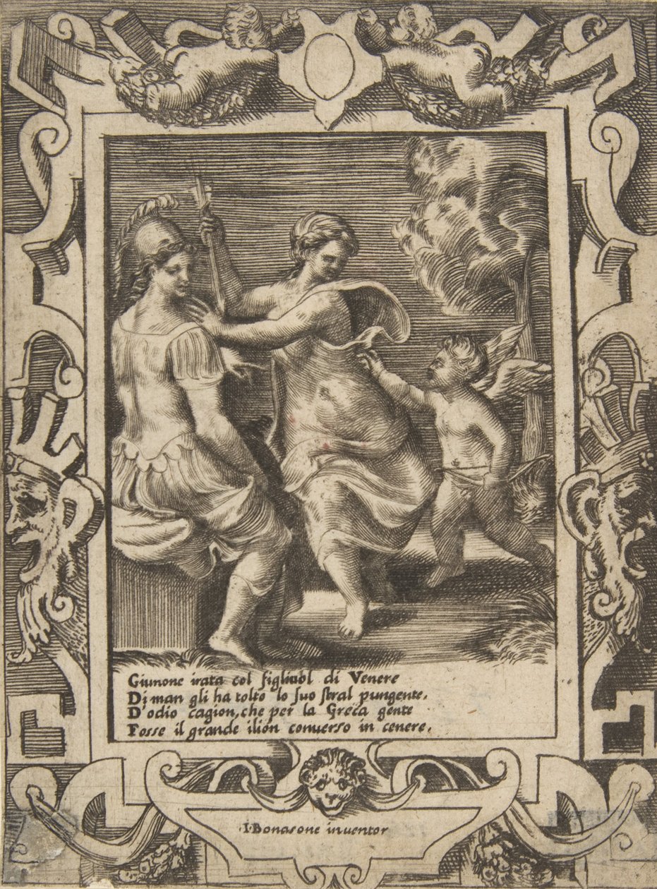 Atena siedząca nieopodal Junony, która zabrała strzały Kupidyna, osadzona w misternej ramie..., 1531-76. autorstwa Giulio Bonasone
