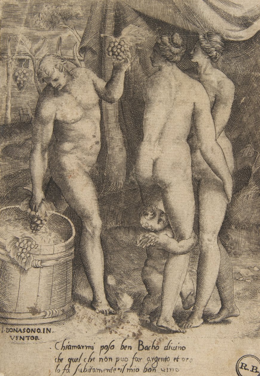 Bachus dający winogrona kobietom, z „Miłości bogów”, 1531-60. autorstwa Giulio Bonasone
