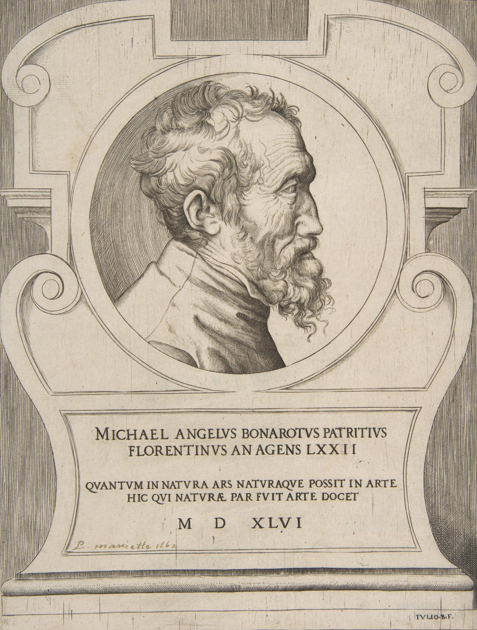 Popiersie Michała Anioła w prawo, osadzone w kartuszu, 1546. autorstwa Giulio Bonasone