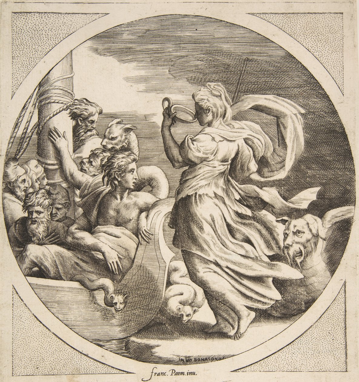Okrąg pijący z kubka z towarzyszami Ulissesa w łodzi po lewej, okrągła..., 1531-76. autorstwa Giulio Bonasone
