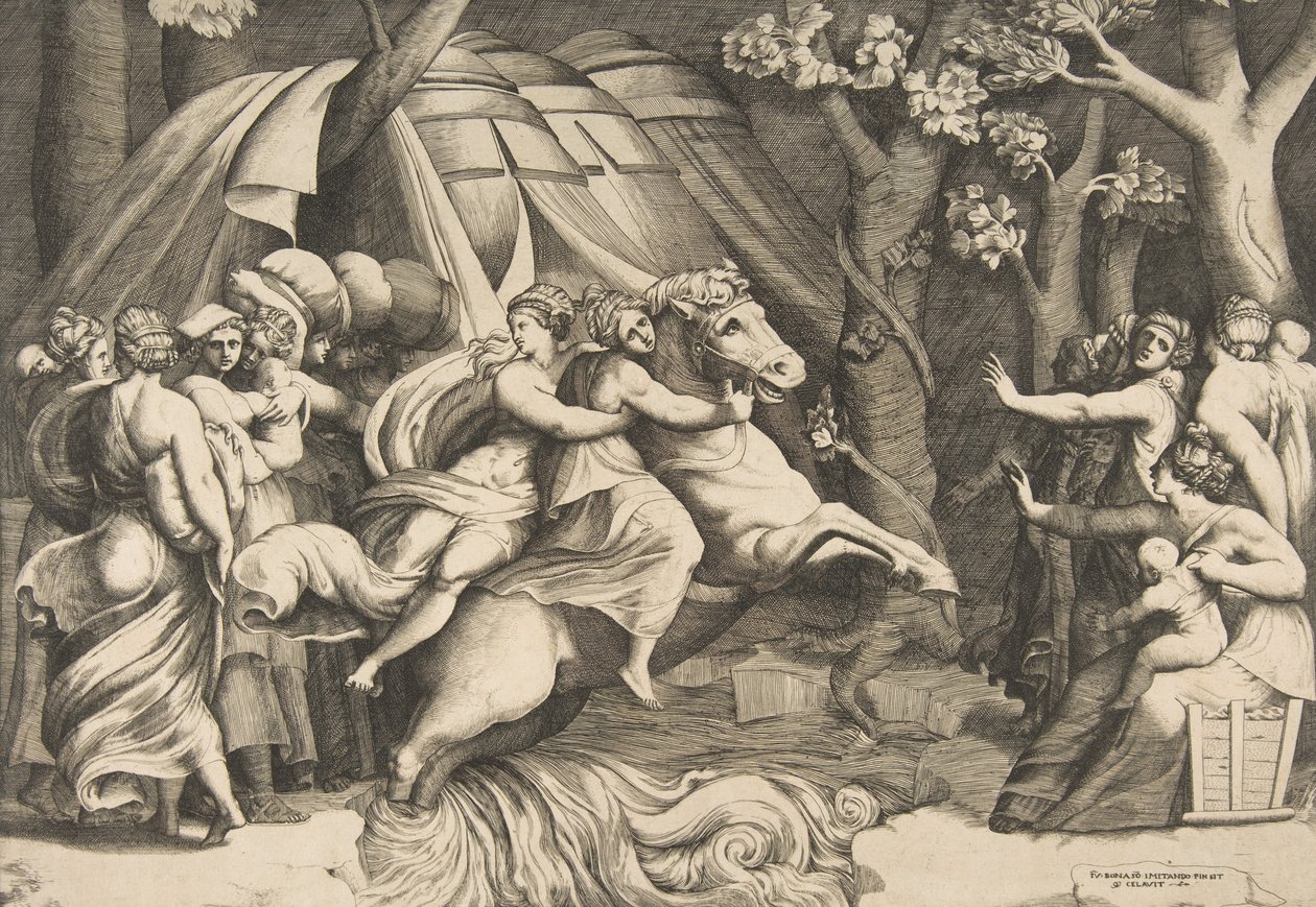 Cloelia na koniu przez Tyber, ca. 1540-60. autorstwa Giulio Bonasone