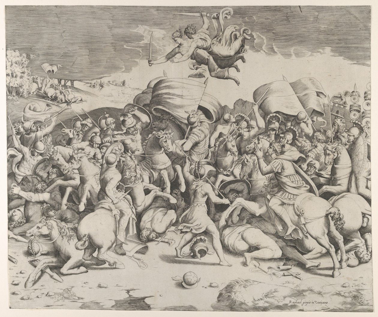 Konstantyn pokonujący tyrana Maksencjusza, nad nim latają aniołowie niosący miecze, 1544., 1544. autorstwa Giulio Bonasone