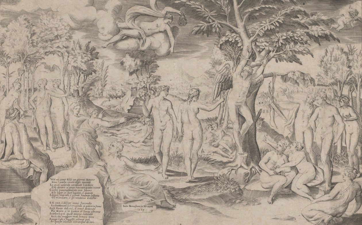 Kupidyn na Polach Elizejskich przywiązany do drzewa pośrodku, otoczony wieloma postaciami, 1563., 1563. autorstwa Giulio Bonasone