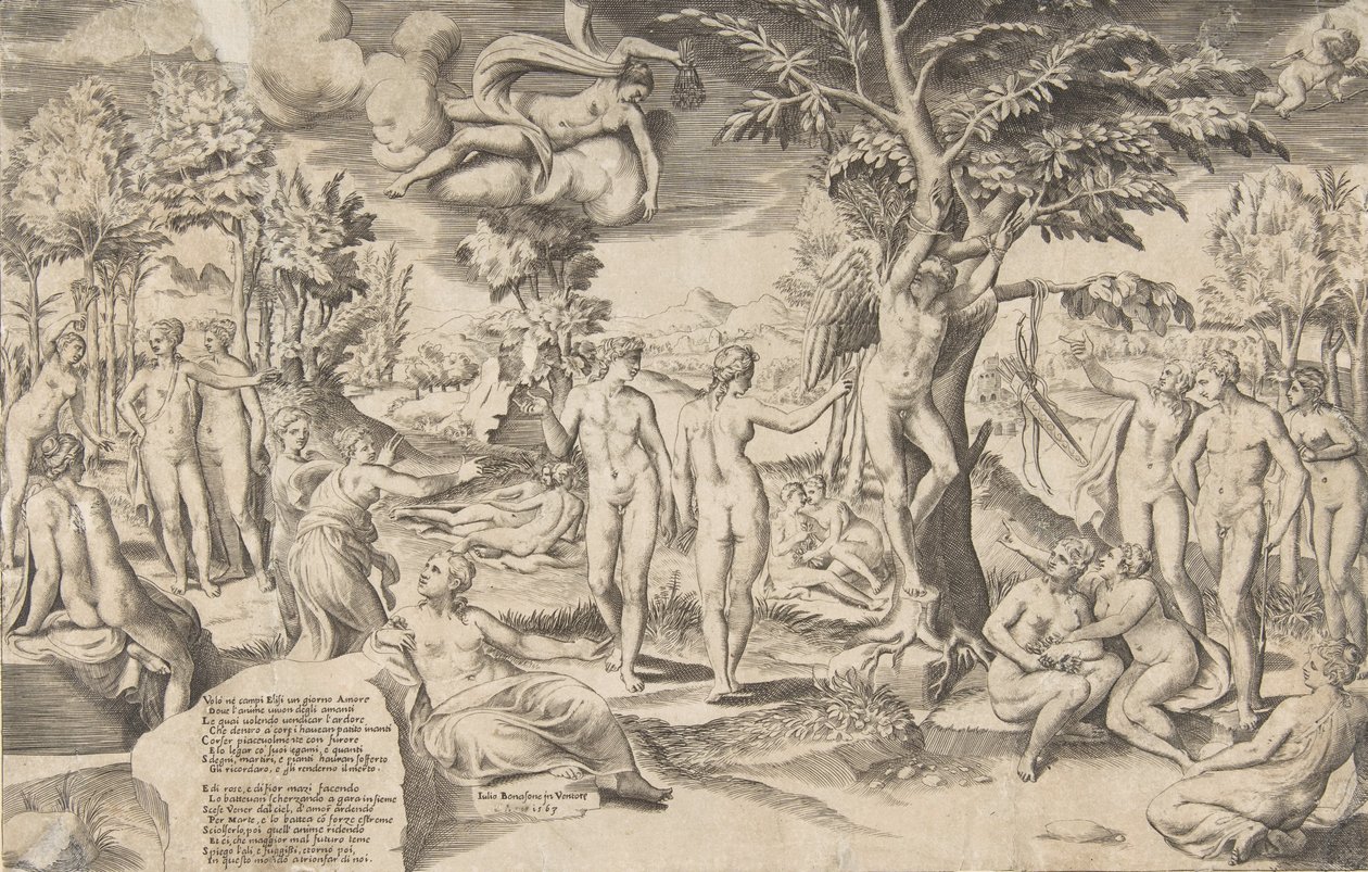 Kupidyn na Polach Elizejskich przywiązany do drzewa pośrodku, otoczył moje liczne figury, 1563. autorstwa Giulio Bonasone