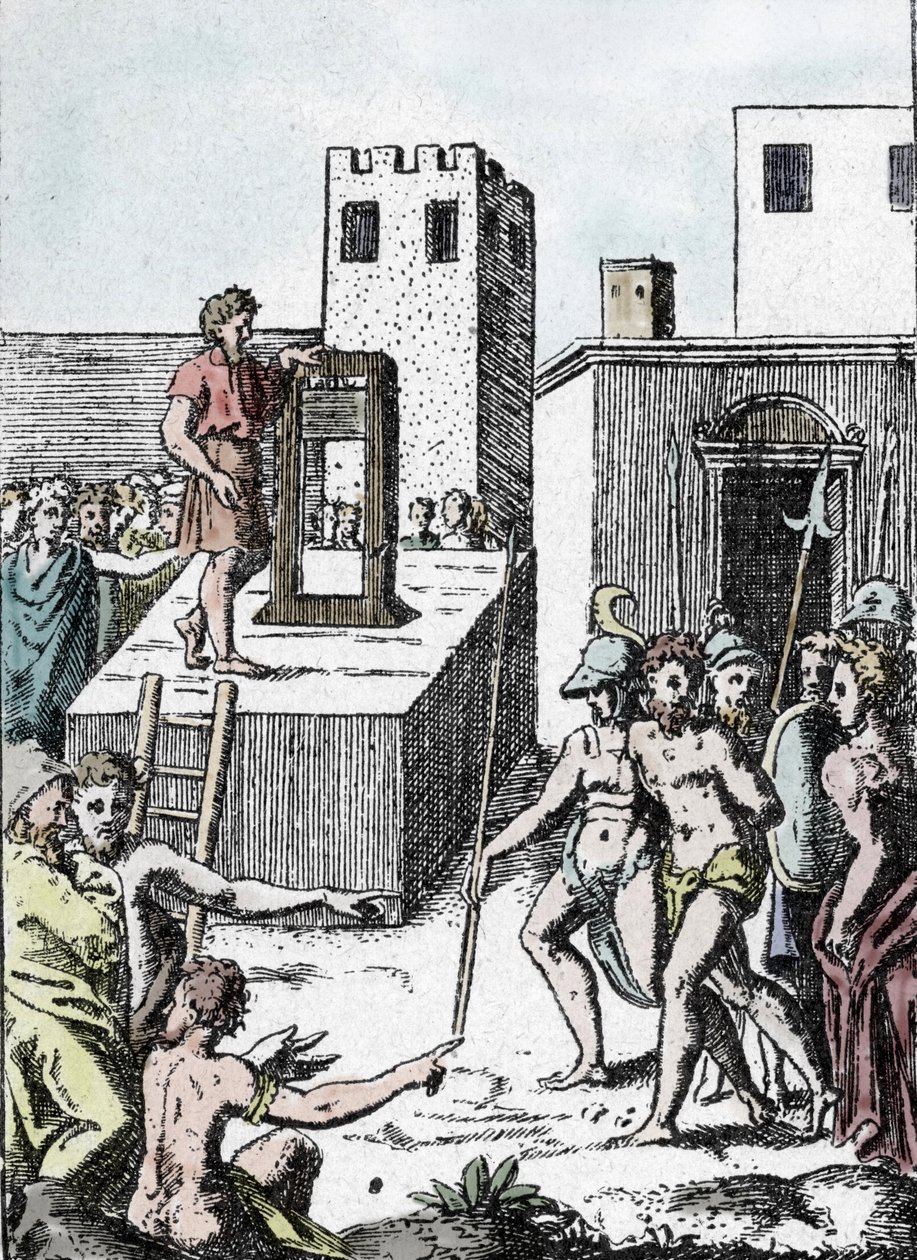 Kara śmierci: wykonanie wyroku śmierci przodkiem gilotyny (machine a decollation) we Włoszech, zwanej Mannaia i zaprojektowanej przez Achille Bocchi, w 1555 r. Manna autorstwa Giulio Bonasone
