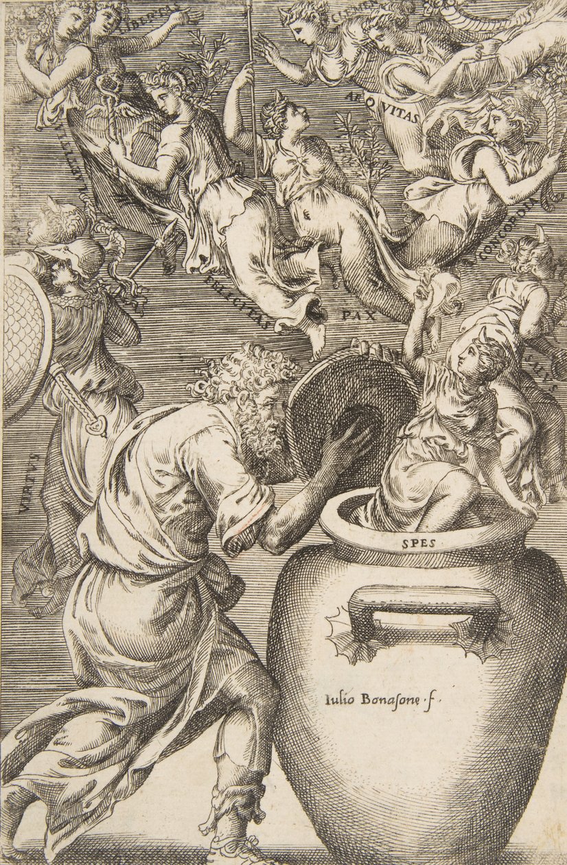 Epimeteusz otwiera puszkę Pandory, 1531-76. autorstwa Giulio Bonasone