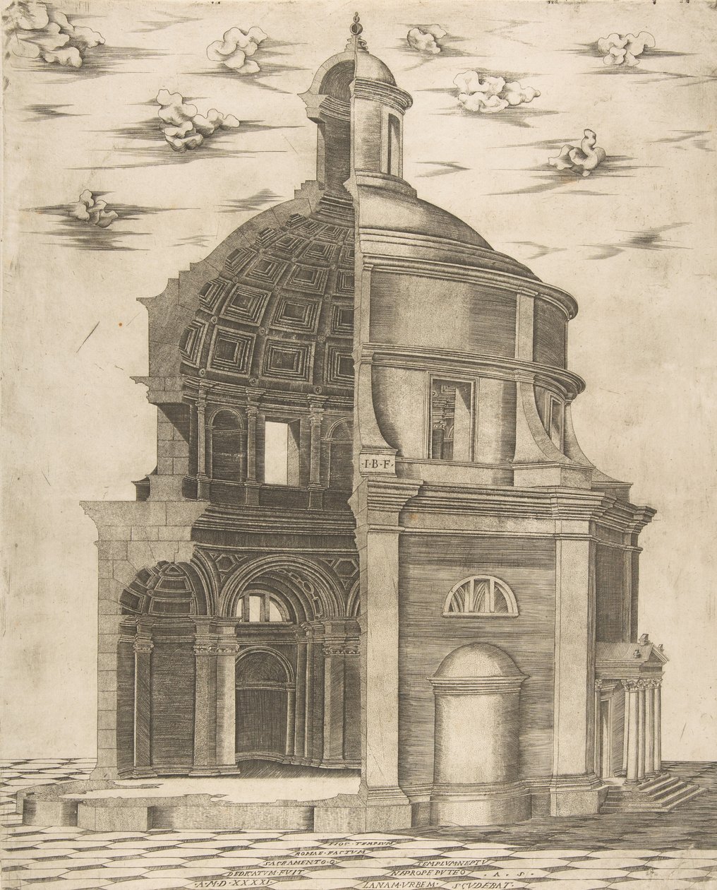 Część zewnętrzna i wewnętrzna świątyni w Rzymie poświęcona Neptunowi, 1541. autorstwa Giulio Bonasone
