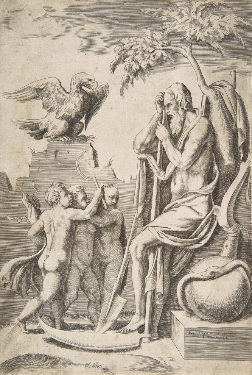 Po prawej Ojciec Czas wsparty o kosę, po lewej trzech nagich chłopców i orzeł, 1..., 1531-76. autorstwa Giulio Bonasone