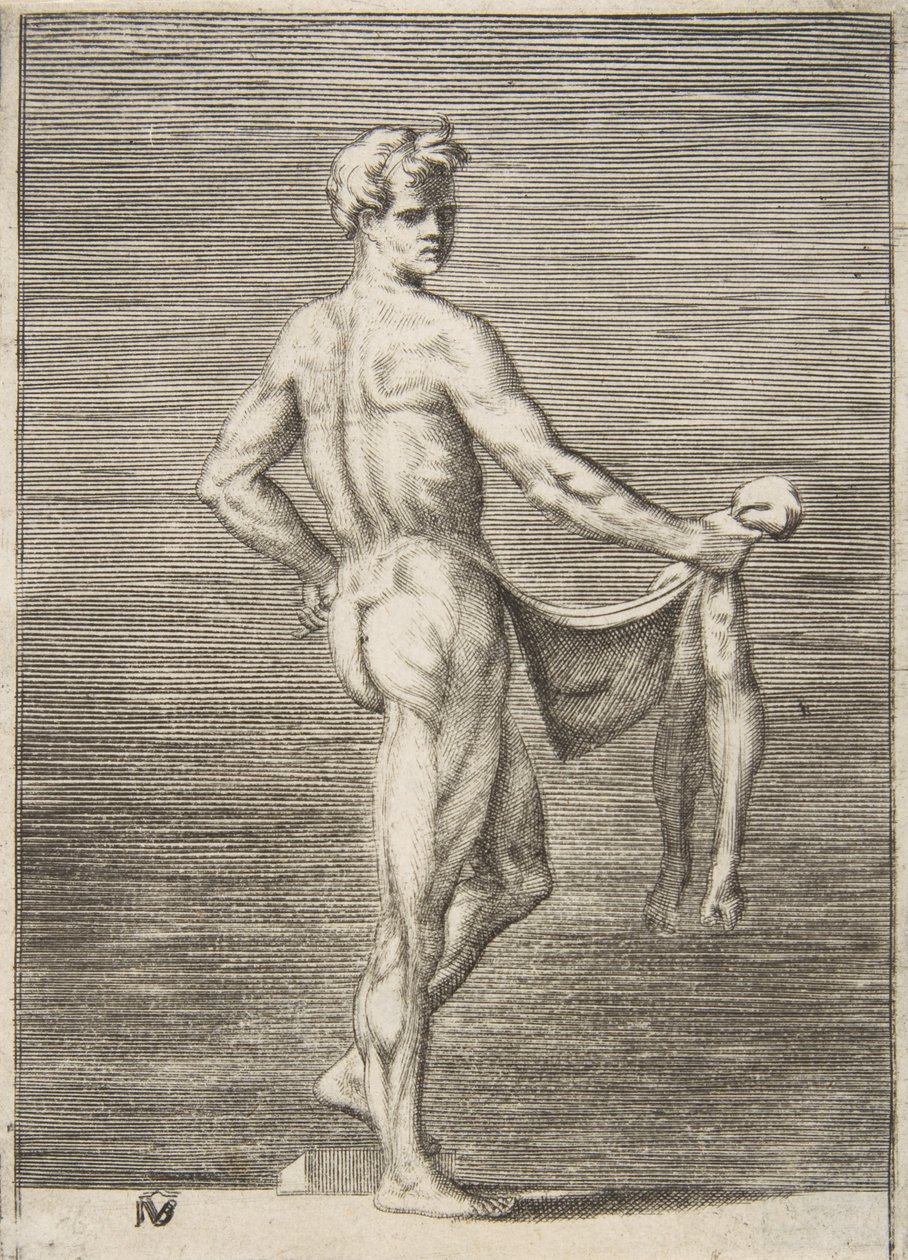 Człowiek obdarty ze skóry widziany z tyłu, 1531-76. autorstwa Giulio Bonasone