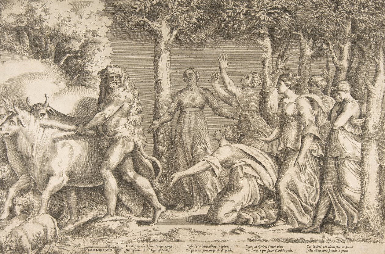 Herkules wypędzający bydło Geryona, po prawej stronie nimfy Hesperyd, ..., 1531-76. autorstwa Giulio Bonasone