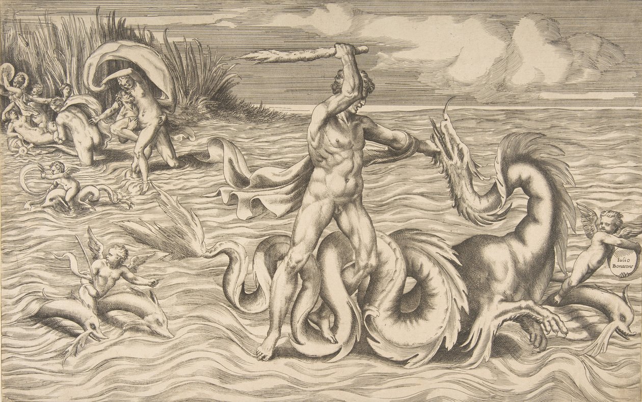 Herkules walczy ze smokiem pośrodku, Acheloos zabiera Deianeirę w lewym górnym rogu, 1531-76. autorstwa Giulio Bonasone